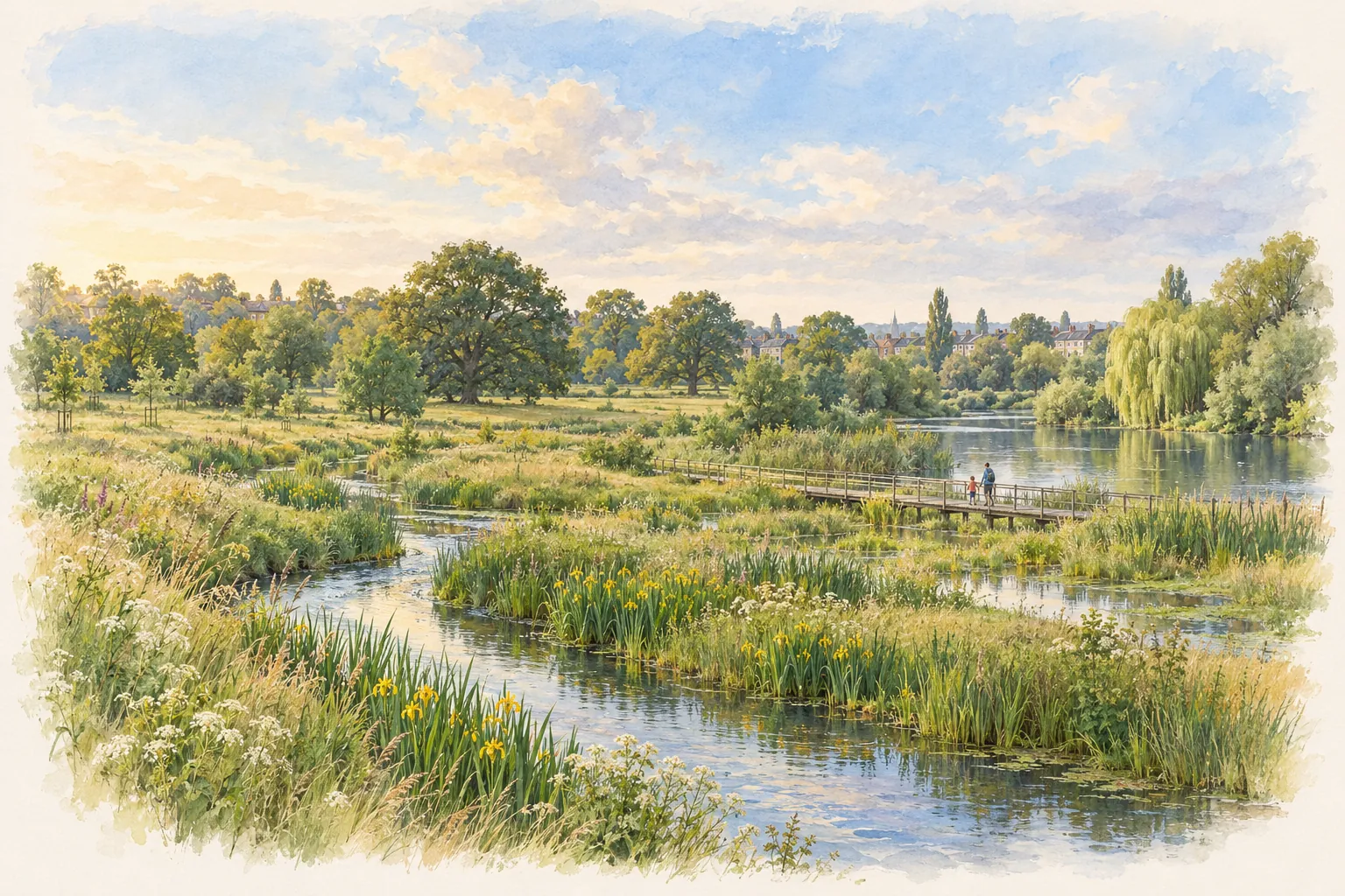 A painting of a small river winding through a reedy flood meadow, with a lake, willows and oaks.