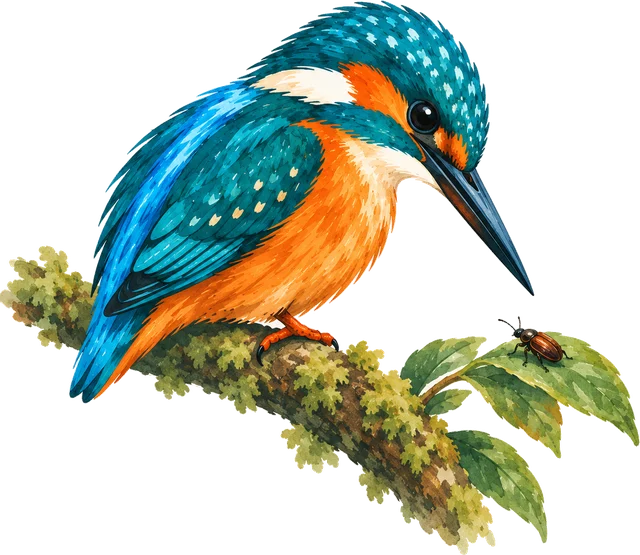 The Keepers' kingfisher peering at a beetle on a leaf
